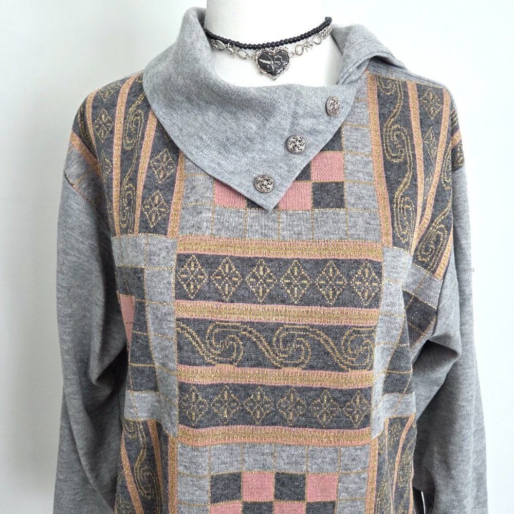 Vtg 90s Patchwork Asymmetrical Pullover Sweater Medium Blair Gray Multi Boho Art - Picture 3 of 11